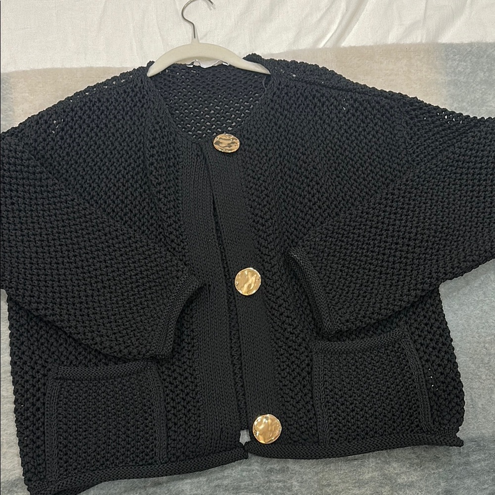 Zara Chunky Black Knit Cardigan with Gold Buttons